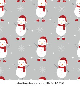 Weihnachten nahtloses Muster Mit Schneemännern und Schneeflocken auf grauem Hintergrund Handgezeichnet Design im Cartoon-Stil, Verwendung für Druck, Feiern Wallpaper, Gewebe, Textilien. Vektorgrafik