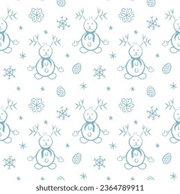 Christmas seamless pattern with snowmen and snowflakes, winter background.