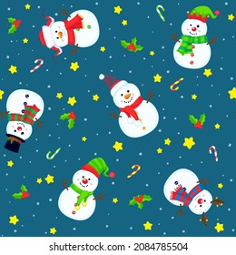 Christmas seamless pattern with snowmen, stars, candy canes and snowflakes. Colorful winter cartoon background. New year vector illustration.