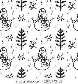 Patrón de Navidad sin fisuras con hombres de nieve y árboles de Navidad. Hombres de nieve en el bosque invernal. Ilustración de estilo Doodle para embalaje, pancarta o patrón textil.