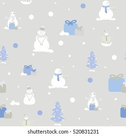 Christmas seamless pattern. Snowmen, Christmas trees, gifts, snow, snowflakes. Texture for decorating gift packs. 
