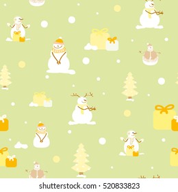 Christmas seamless pattern. Snowmen, Christmas trees, gifts, snow, snowflakes. Texture for decorating gift packs. 
