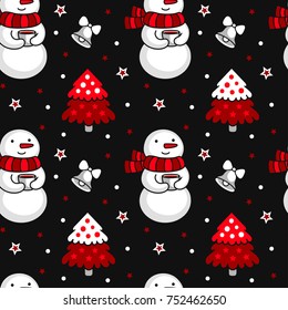 Christmas seamless pattern with snowmen. Vector background for postcards, wallpaper, textiles, bed linen, tissue, print, wrapping.