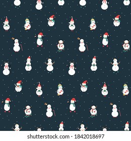 Christmas Seamless Pattern with snowmen. Xmas winter poster collection. Can be used for wallpaper, pattern fills, surface textures, fabric prints.