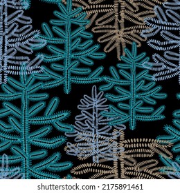 Christmas seamless pattern with snowy ornate trees in winter forest in dark tones. Stylized seamless pattern for New Year design, wrapping paper, page, wallpaper, fabrics, textile. Vector illustration