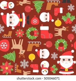 Christmas seamless pattern with sock, santa, flower, sleigh, snowflake, holly, reindeer, mistletoe, christmas ball, tree and elements on red background , flat design