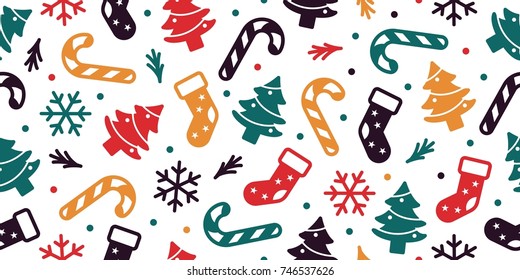 christmas seamless pattern sock tree snow flakes candy sprout vector background