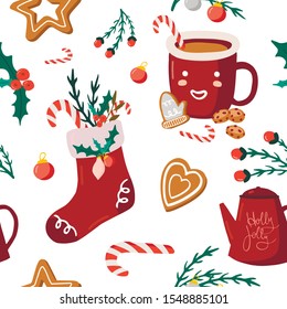 Christmas seamless pattern with socks, cacao, cookies, toy, gingerbread. Scandinavian style. Vector illustration