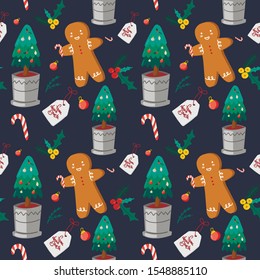 Christmas seamless pattern with socks, cacao, cookies, toy, gingerbread. Scandinavian style. Vector illustration
