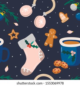 Christmas seamless pattern with socks, cacao, cookies, toy, gingerbread. Scandinavian style. Vector illustration