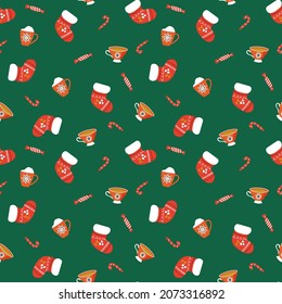 Patrón de Navidad sin fisuras. Calcetines, cacao, té, dulces. Estilo dibujado a mano. Diseño para tela, embalaje, papel de envoltura.	