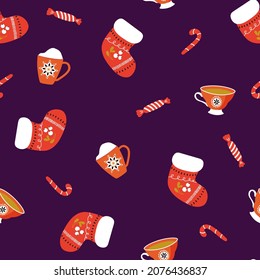 Patrón de Navidad sin fisuras. Calcetines, cacao, té, dulces. Estilo dibujado a mano. Diseño para tela, embalaje, papel de envoltura.	
