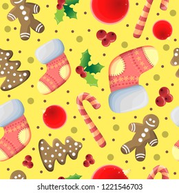 Christmas seamless pattern. Christmas socks, cookies, sweets, mistletoe. All elements are isolated