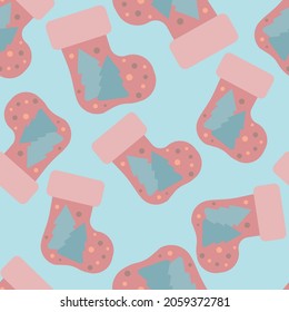Christmas seamless pattern with socks. Festive design in boho style. Line art in pastel color. Cute wrapper paper, wallpapers, textile prints. Flat vector illustration
