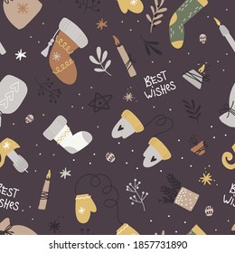 Christmas seamless pattern with socks and mittens. Vector illustration for christmas invitations and scrapbooking