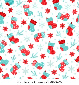 Christmas seamless pattern with socks, poinsettia, snowflakes and fir branches on white background. Perfect for wallpaper and greeting cards 