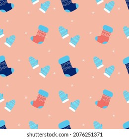 Navidad sin costuras con medias de navidad, copos de nieve, mitones. Antecedentes de Año Nuevo. Ilustración del vector