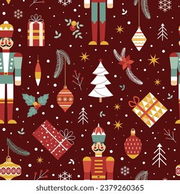 Christmas seamless pattern with soldier nutcracker man, snowflakes, retro toys, berries, gifts and sweets. Vintage decorative Xmas ornament for fabric and gift wrapping paper.