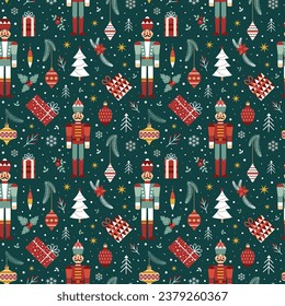 Christmas seamless pattern with soldier nutcracker man, snowflakes, retro toys, berries, gifts and sweets. Vintage decorative Xmas ornament for fabric and gift wrapping paper.