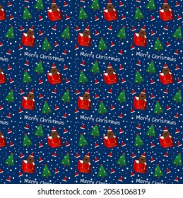 A Christmas seamless pattern with spaniel dogs and New Year trees. Apply for greeting cards and New Year congratulations, vector illustration, eps 10