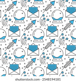 Christmas Seamless Pattern with Sparkling Stars, snowflakes, Christmas ornaments. Minimalist geometric festive gold on red Christmas, New Year, winter holidays background with linear icons.