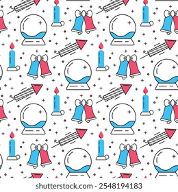 Christmas Seamless Pattern with Sparkling Stars, snowflakes, Christmas ornaments. Minimalist geometric festive gold on red Christmas, New Year, winter holidays background with linear icons.