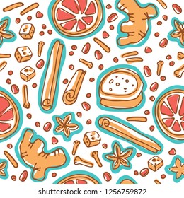 Christmas seamless pattern with spices isolated on white background. Doodle style. Design element for wrapping paper, wallpaper and textile print. Holiday symbols.