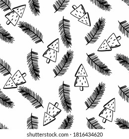 Weihnachtsnahtlose Muster von Fichtenzweigen und Weihnachtsbäumen im skandinavischen Stil, weißer Hintergrund, schwarze Illustrationen eignen sich ideal zum Zeichnen auf Stoff oder Dekoration