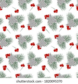 Patrón de Navidad sin fisuras con ramas de abeto, flores y bayas. Fondo vectorial de año nuevo.
