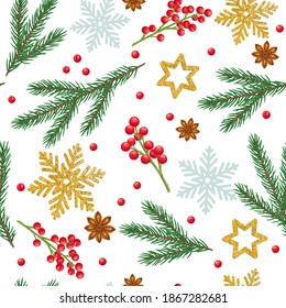 Christmas seamless pattern with spruce branches, snowflakes, star anise, decorations and festive red berries. Vector illustration.