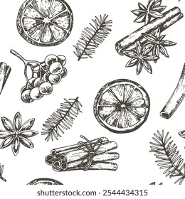 Christmas seamless pattern. with spruce branches, holly and dried orange and cinnamon in sketch style