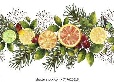 Christmas seamless pattern with spruce branches and citrus for your decor.