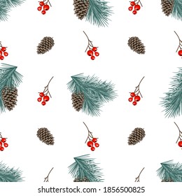 Christmas seamless pattern with spruce, cones and holly berrie. Vector illustration