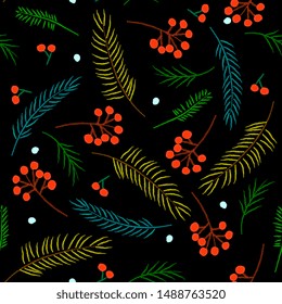 Christmas seamless pattern with spruce, pine branches, snow and berries. Perfect for holiday invitations, winter greeting cards, wallpaper and gift paper,For textiles, packaging, fabric, wallpaper.
