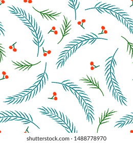 Christmas seamless pattern with spruce, pine branches, snow and berries. Perfect for holiday invitations, winter greeting cards, wallpaper and gift paper,For textiles, packaging, fabric, wallpaper.