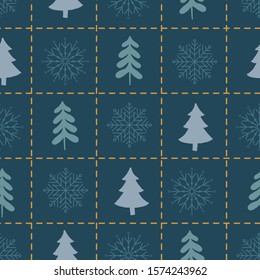 Christmas seamless pattern with spruce tree and snowflakes on dark green backdrop. Square dash line decoration. Scandinavian design. Vector illustration surface design for winter holiday.