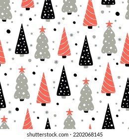Christmas seamless pattern with spruce trees and snowflake dots on white background. Background for wallpapers, textiles, papers, gift boxes, fabrics, web pages. Vintage style.