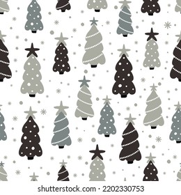 Patrón ininterrumpido de Navidad con abetos y copos de nieve sobre fondo blanco. Antecedentes de papel pintado, textiles, papeles, cajas de regalo, telas, páginas web. Estilo vintage.