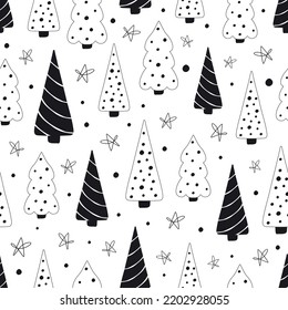 Christmas seamless pattern with spruce trees and snowflake dots on white background. Background for wallpapers, textiles, papers, gift boxes, fabrics, web pages.