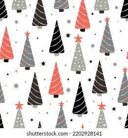 Christmas seamless pattern with spruce trees and snowflake dots on white background. Background for wallpapers, textiles, papers, gift boxes, fabrics, web pages. Vintage style.