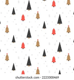 Christmas seamless pattern with spruce trees and snowflake dots on white background. Background for wallpapers, textiles, papers, gift boxes, fabrics, web pages. 