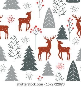 Christmas seamless pattern with spruces, deer, trees and snowflakes on white background.