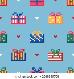 Christmas seamless pattern. Square repeat tile with red, blue yellow and green christmas gift box. Vector tileable winter blue background with Christmas gifts