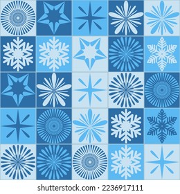 Christmas seamless pattern with square and snowflake, contrast blue monochrome color, vector illustration