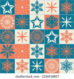 Christmas seamless pattern with square and snowflake, contrast blue orange color, vector illustration