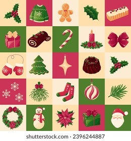 Navidad patrón sin fisuras de cuadrados, calendario de llegada con elementos decorativos navideños en colores festivos rojo y verde. Tarjeta de felicitación de Año Nuevo feliz, afiche, diseño de pancartas. Patrón cuadrado del vector