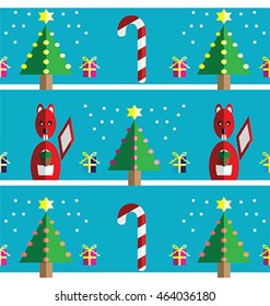 Christmas Seamless pattern with squirrel holding acorn with  gifts with ribbon, snow,  Xmas trees with  pink, blue, orange lights and star element in 2 shades on night  blue background 
