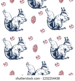 Christmas seamless pattern, squirrel, nut, hand drawing, vector