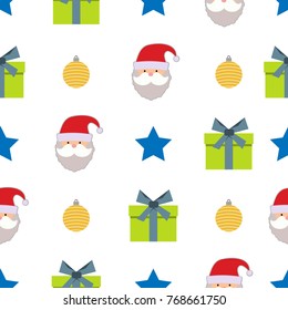 Christmas seamless pattern with star, christmas ball, gift box and Santa Claus on white background. Vector illustration