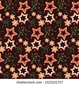 Christmas seamless pattern. Seamless pattern with star cookie gingerbread, mistletoe and candy.  Isolated on burgundy. Wrapping paper. Wallpaper. Vector design for Christmas season. Size 3000x3000.